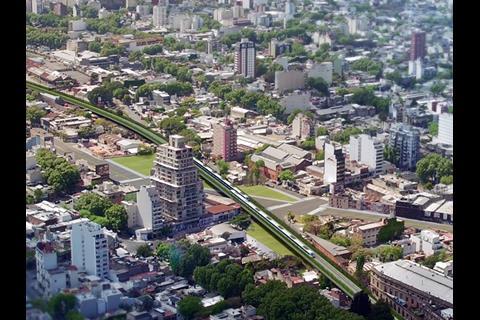 Impression of the 5 km elevated alignment for the San Martín commuter route in Buenos Aires.